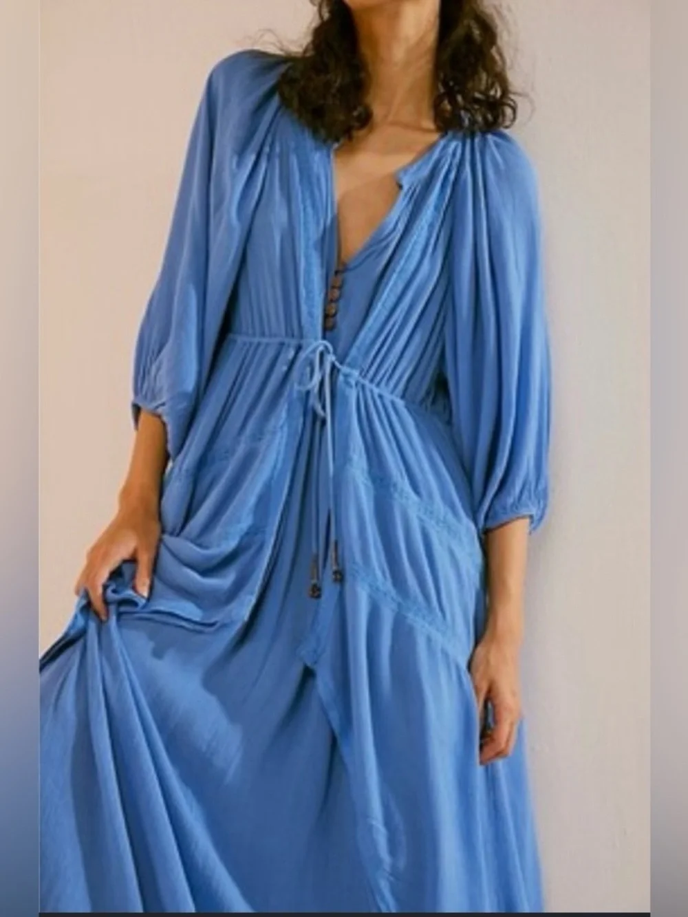 NWT Free People Turquoise V-Neck Tie-Waist Maxi Dress - Picture 2 of 14